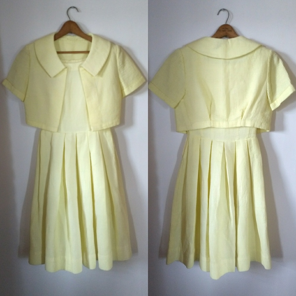 Vintage 1950s Yellow Waffle Dress Jacket Suit XS 2